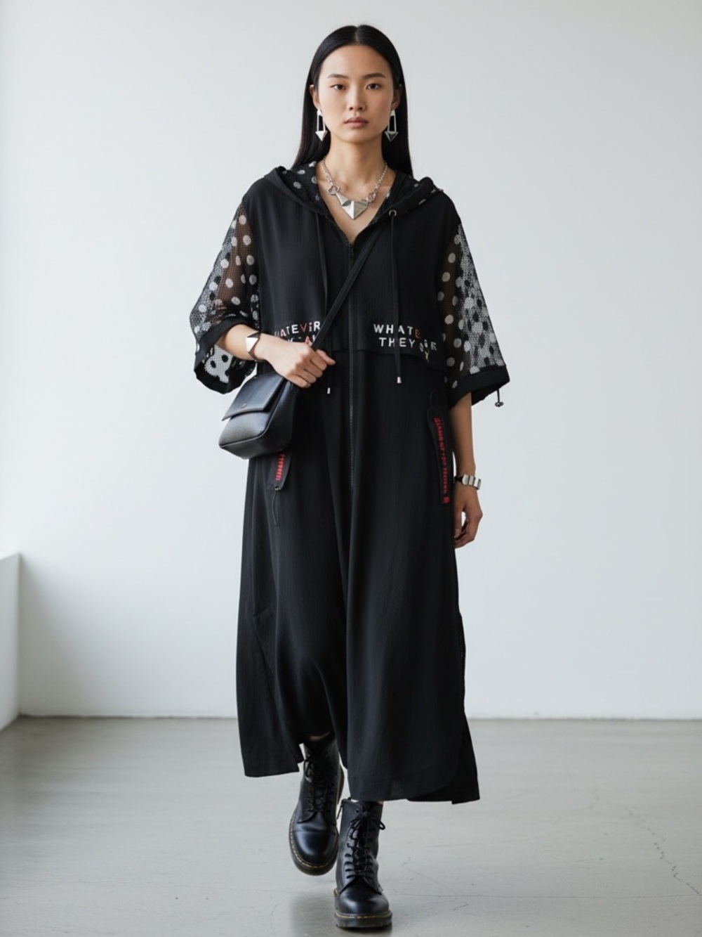 Darkwin Black Hooded Midi Dress with mesh Polka Dot Sleeves zip front oversized